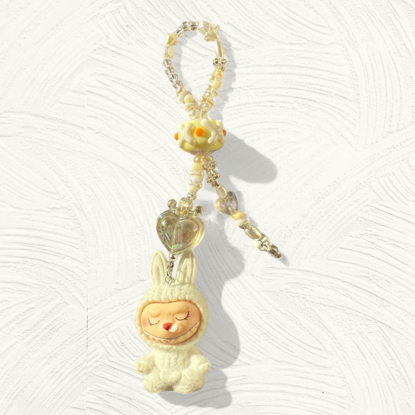 Handmade Flocked Labubu Yoga Keychain – Sitting Pose Beaded Bag Charm