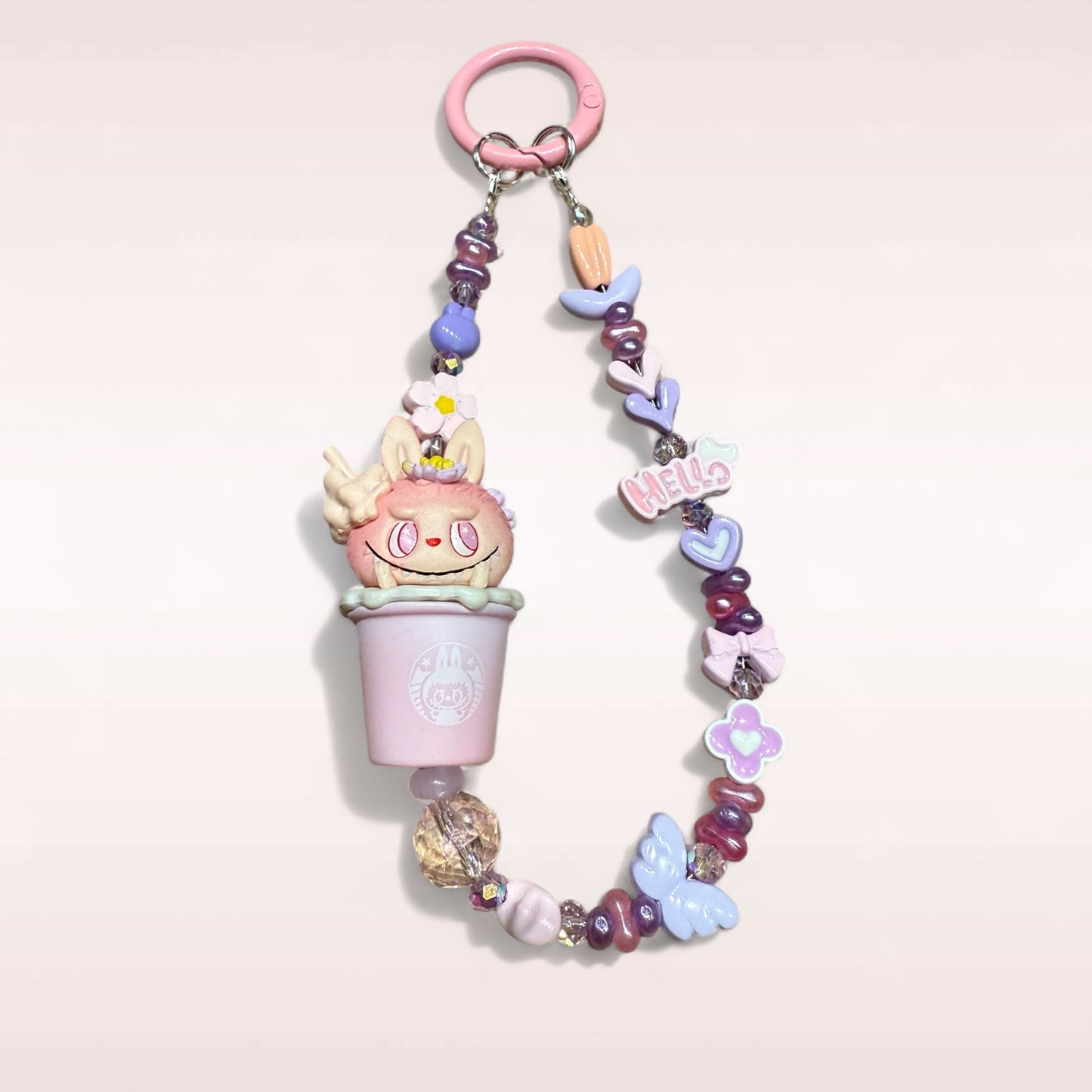Flocked Labubu Bubble Tea Phone Charm – Handmade Beaded Keychain
