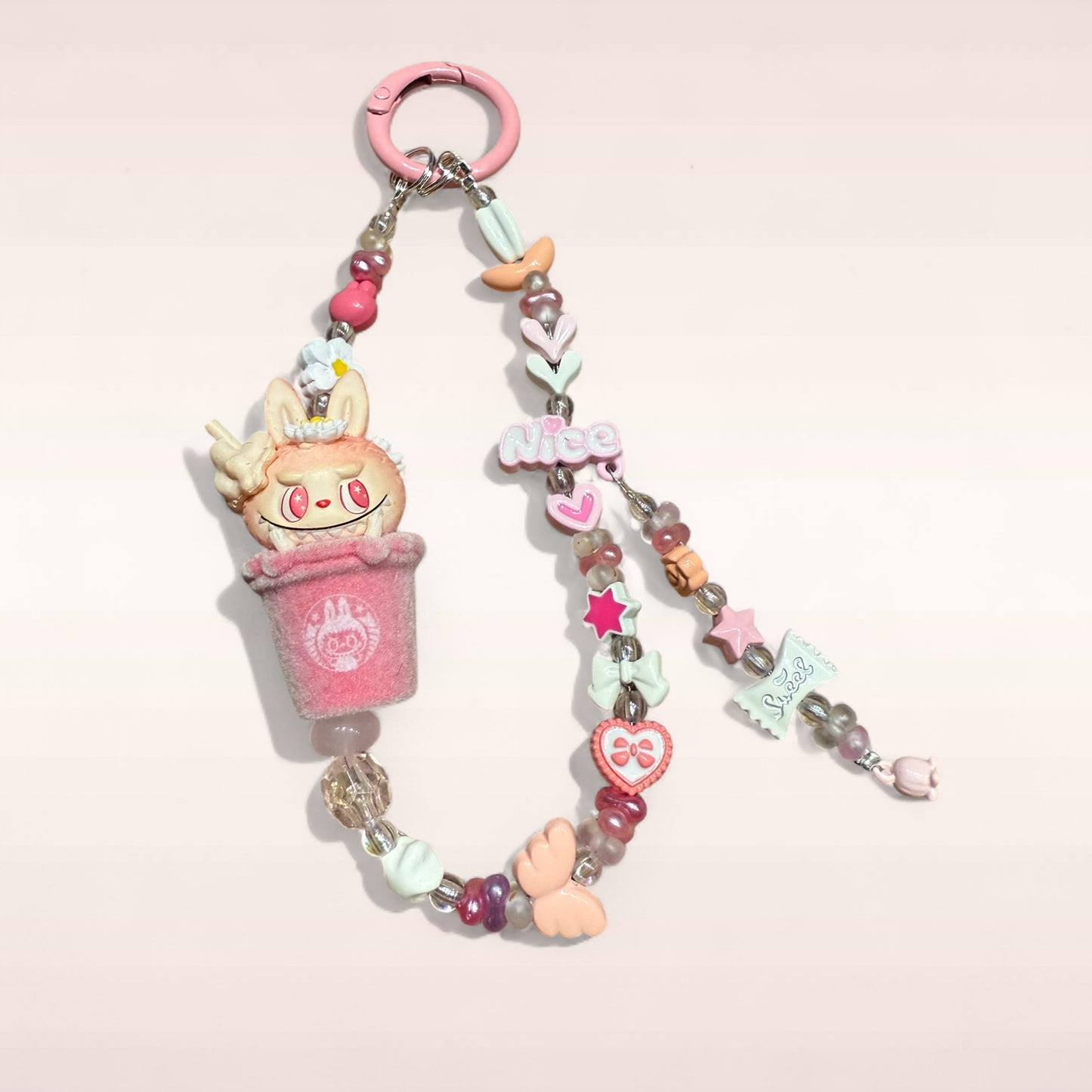 Flocked Labubu Bubble Tea Phone Charm – Handmade Beaded Keychain