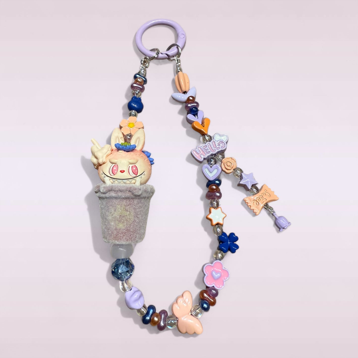 Flocked Labubu Bubble Tea Phone Charm – Handmade Beaded Keychain
