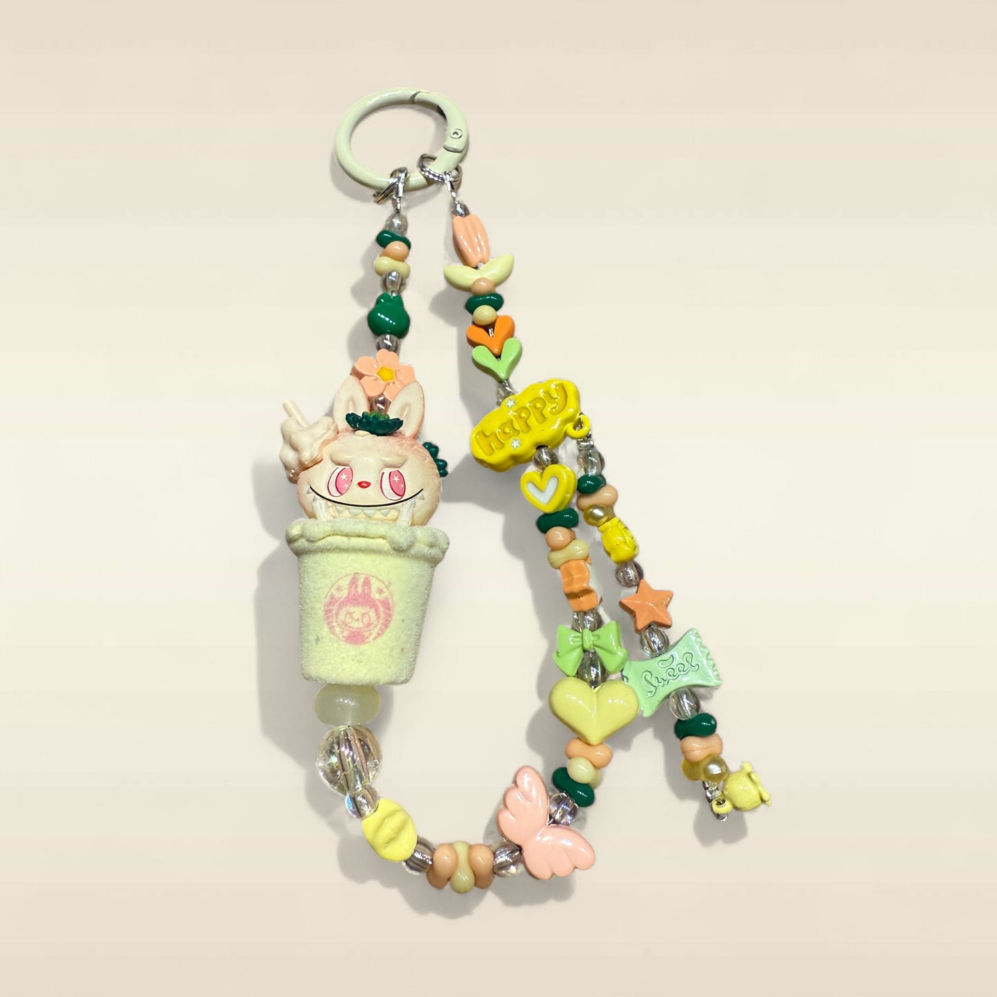 Flocked Labubu Bubble Tea Phone Charm – Handmade Beaded Keychain