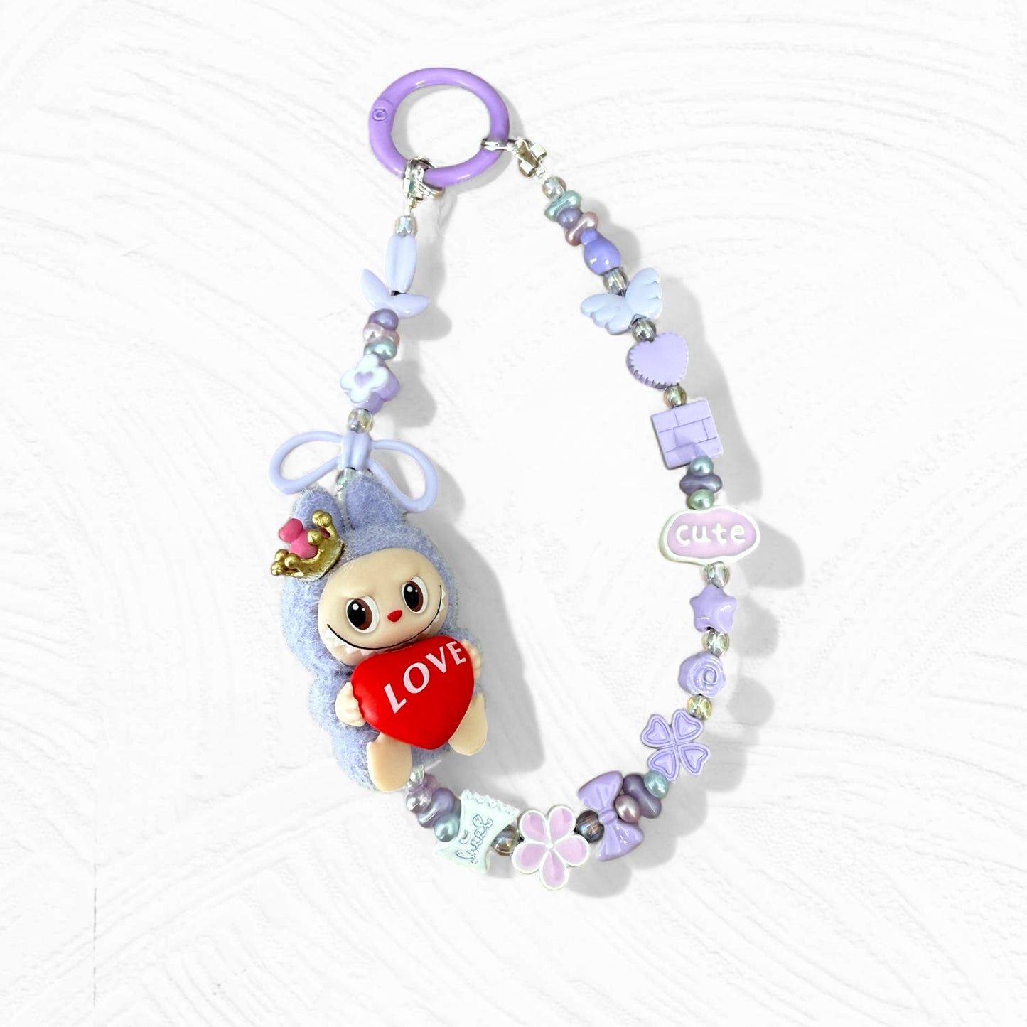 Handmade Flocked Labubu "LOVE" Keychain & Phone Charm – Purple Edition