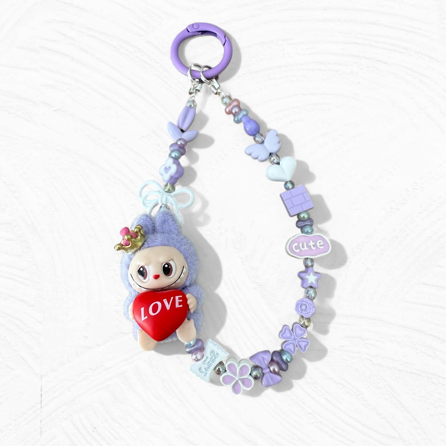 Handmade Flocked Labubu "LOVE" Keychain & Phone Charm – Purple Edition