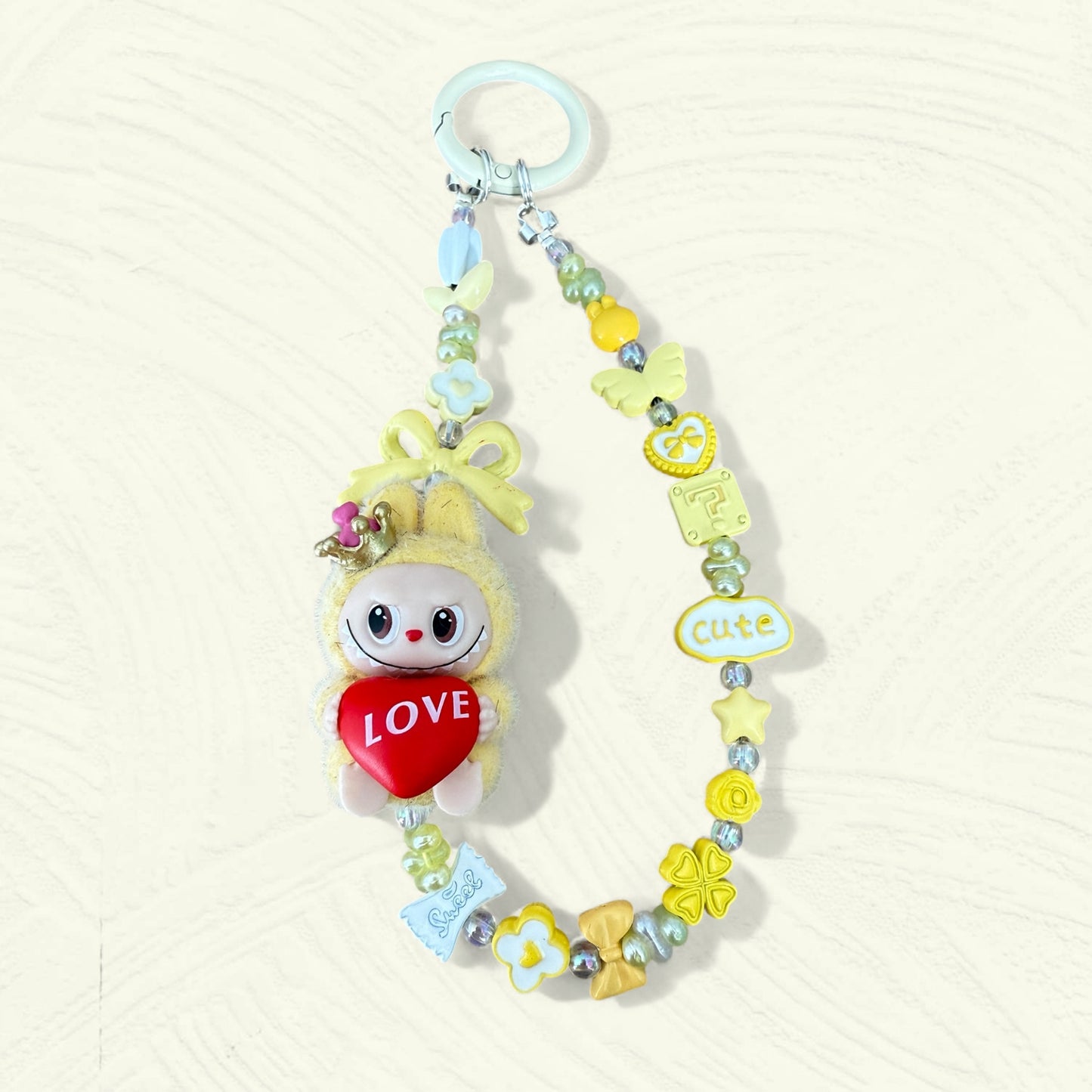 Handmade Flocked Labubu "LOVE" Keychain & Phone Charm – Yellow Edition