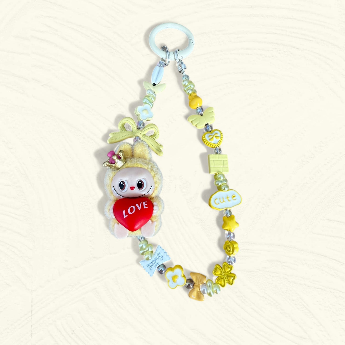 Handmade Flocked Labubu "LOVE" Keychain & Phone Charm – Yellow Edition