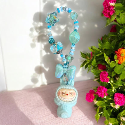 Handmade Flocked Labubu Keychain – Cute Beaded Bag Charm & Phone Accessory