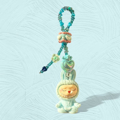Handmade Flocked Labubu Yoga Keychain – Sitting Pose Beaded Bag Charm
