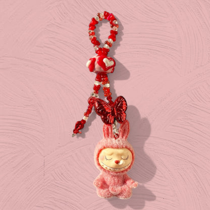 Handmade Flocked Labubu Yoga Keychain – Sitting Pose Beaded Bag Charm