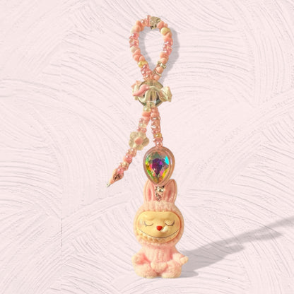 Handmade Flocked Labubu Yoga Keychain – Sitting Pose Beaded Bag Charm