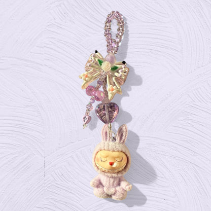 Handmade Flocked Labubu Yoga Keychain – Sitting Pose Beaded Bag Charm