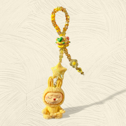 Handmade Flocked Labubu Yoga Keychain – Sitting Pose Beaded Bag Charm