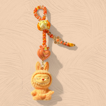 Handmade Flocked Labubu Yoga Keychain – Sitting Pose Beaded Bag Charm