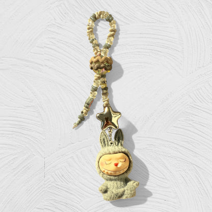 Handmade Flocked Labubu Yoga Keychain – Sitting Pose Beaded Bag Charm