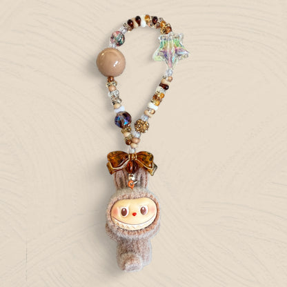 Handmade Flocked Labubu Keychain – Cute Beaded Bag Charm & Phone Accessory
