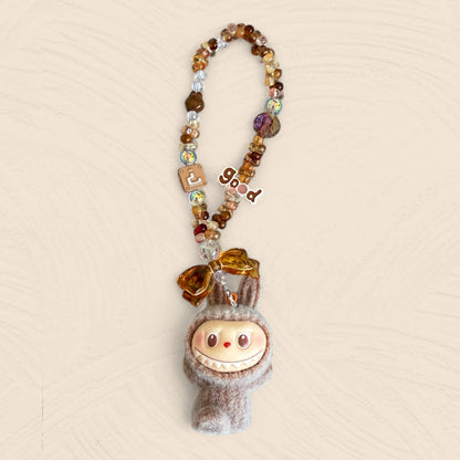 Handmade Flocked Labubu Keychain – Cute Beaded Bag Charm & Phone Accessory