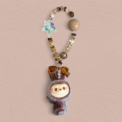 Handmade Flocked Labubu Keychain – Cute Beaded Bag Charm & Phone Accessory