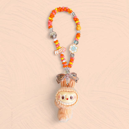 Handmade Flocked Labubu Keychain – Cute Beaded Bag Charm & Phone Accessory