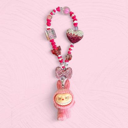Handmade Flocked Labubu Keychain – Cute Beaded Bag Charm & Phone Accessory
