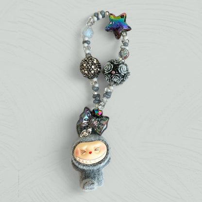 Handmade Flocked Labubu Keychain – Cute Beaded Bag Charm & Phone Accessory