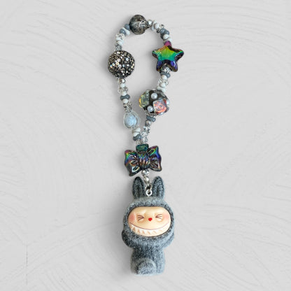 Handmade Flocked Labubu Keychain – Cute Beaded Bag Charm & Phone Accessory