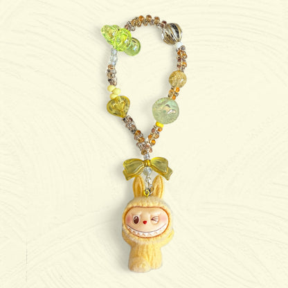 Handmade Flocked Labubu Keychain – Cute Beaded Bag Charm & Phone Accessory
