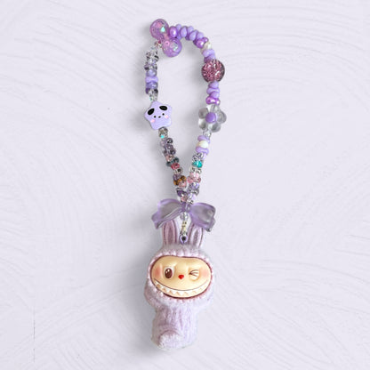 Handmade Flocked Labubu Keychain – Cute Beaded Bag Charm & Phone Accessory