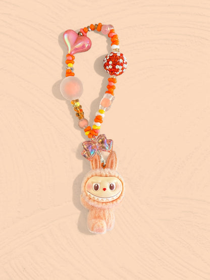 Handmade Flocked Labubu Keychain – Cute Beaded Bag Charm & Phone Accessory