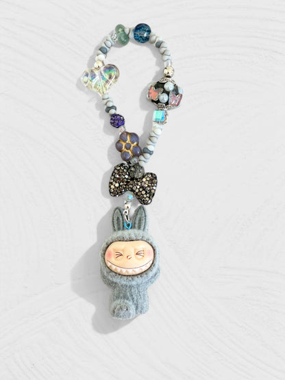Handmade Flocked Labubu Keychain – Cute Beaded Bag Charm & Phone Accessory