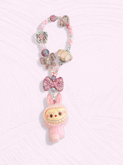 Handmade Flocked Labubu Keychain – Cute Beaded Bag Charm & Phone Accessory
