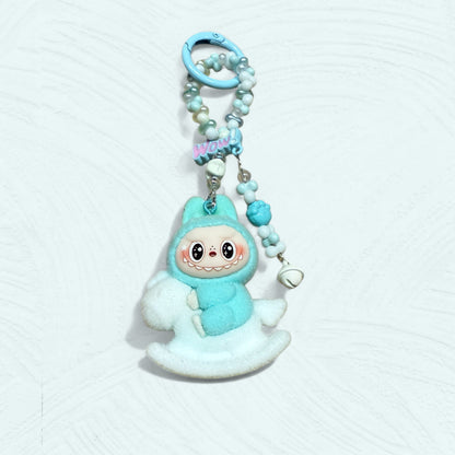 Labubu Plush Rocking Horse Keychain – Handmade Flocked Bag Charm