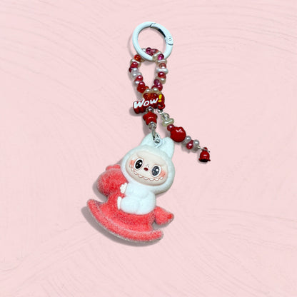 Labubu Plush Rocking Horse Keychain – Handmade Flocked Bag Charm