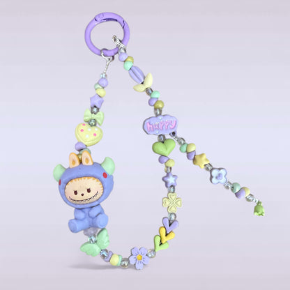 Labubu Pajama Party Beaded Phone Charm – Handmade Keychain & Bag Accessory