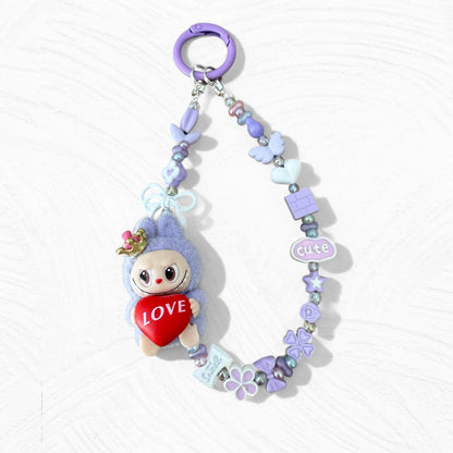 Handmade Flocked Labubu "LOVE" Keychain & Phone Charm – Purple Edition