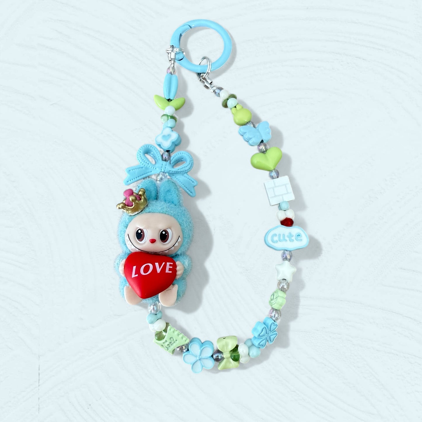 Handmade Flocked Labubu "LOVE" Phone Charm – Blue Edition