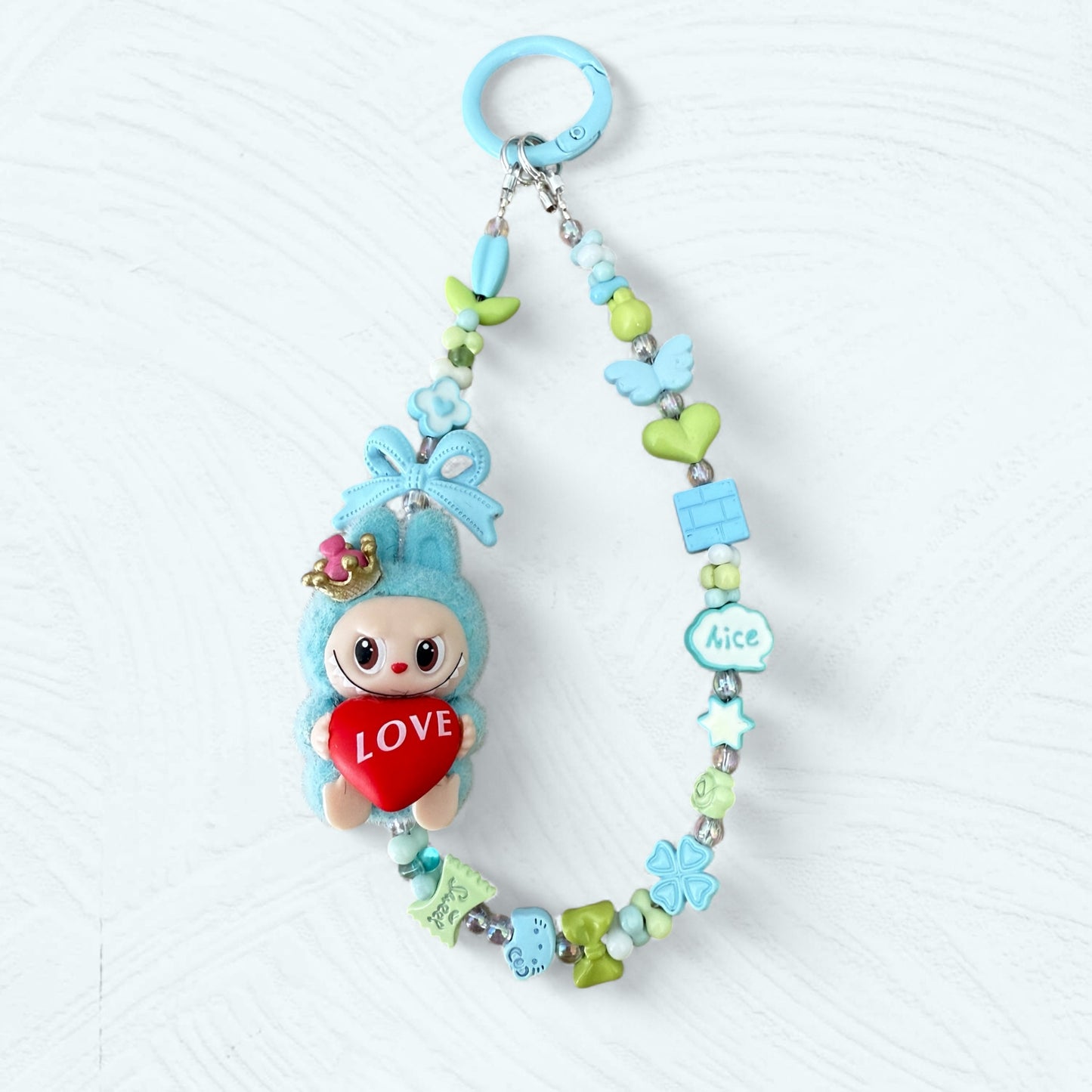 Handmade Flocked Labubu "LOVE" Phone Charm – Blue Edition