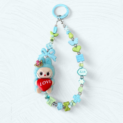 Handmade Flocked Labubu "LOVE" Phone Charm – Blue Edition