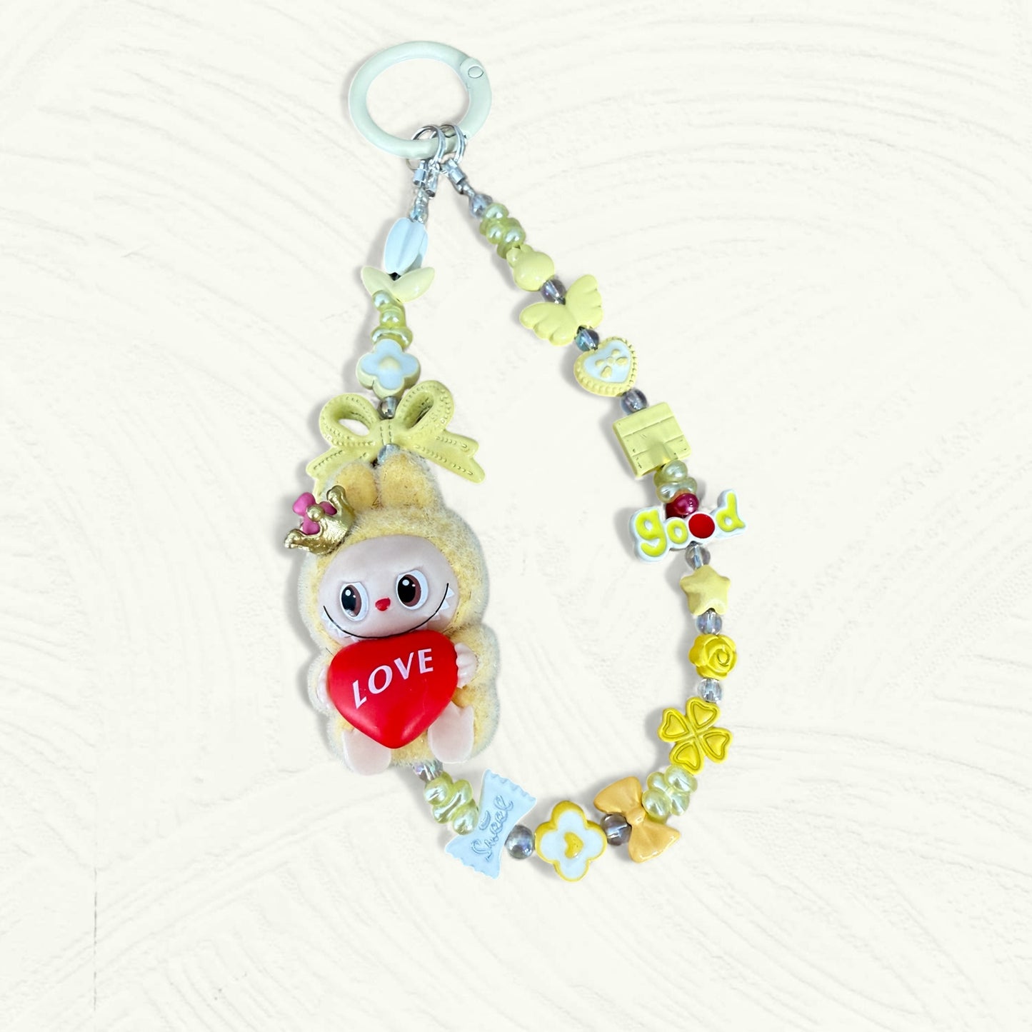 Handmade Flocked Labubu "LOVE" Keychain & Phone Charm – Yellow Edition