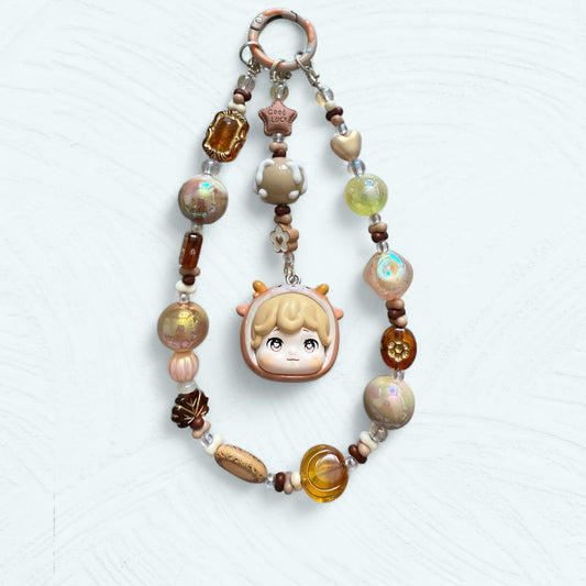 Chaîne téléphone & sac – Marron doux avec poupée kawaii