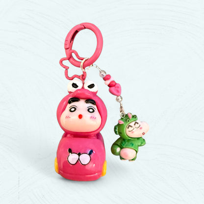 Fuchsia – Porte-clés Shin-chan déguisé en grenouille rose avec mini figurine verte